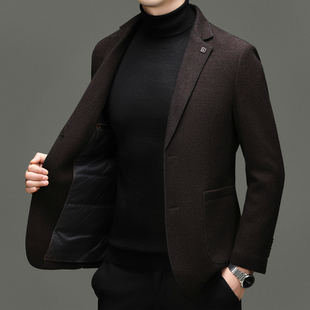 商务休闲羊毛西装 男士 外套 高端鸭绒内胆保暖加厚西服秋冬季 爸爸装