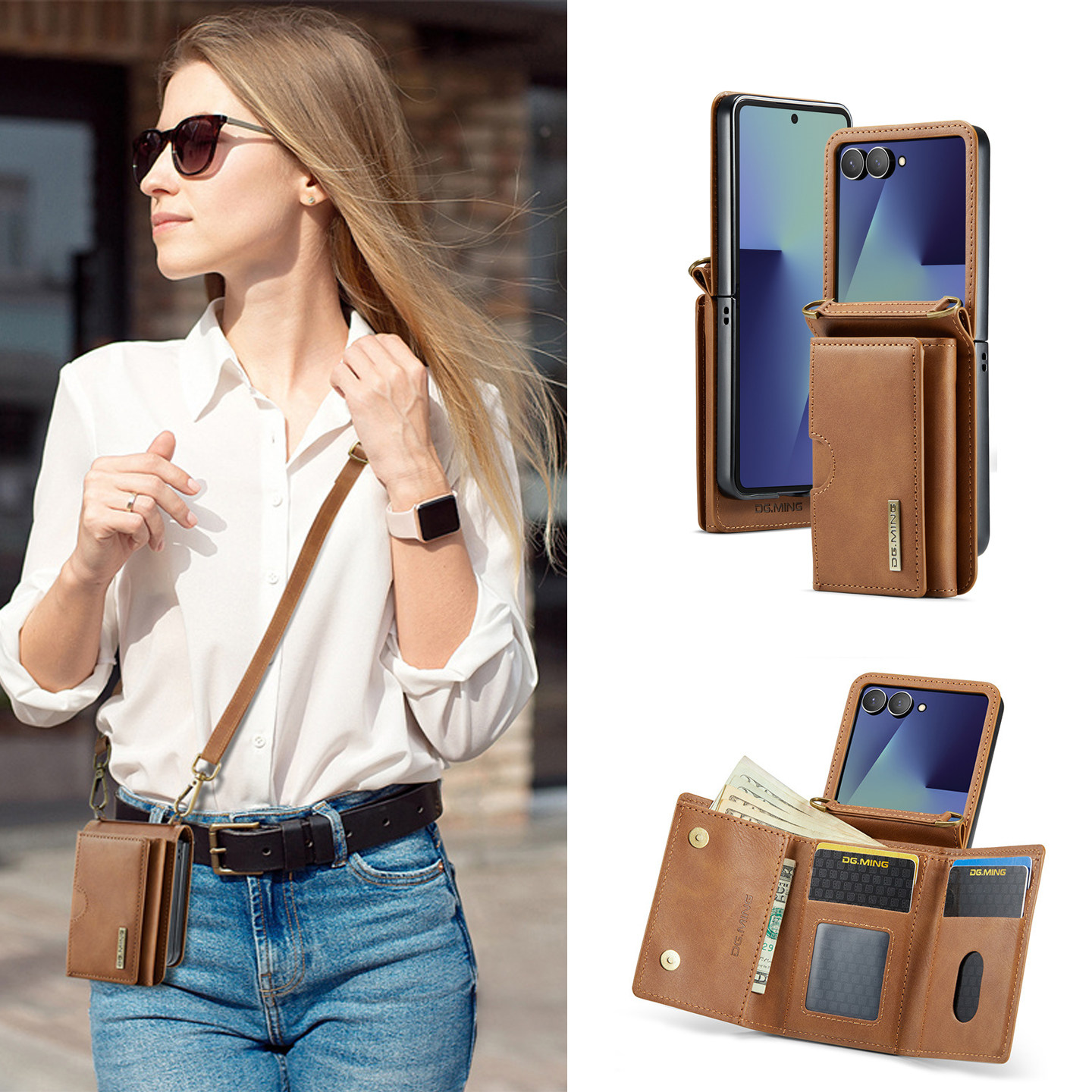 适用三星Z Flip 7钱包式插卡手机壳Z Flip 6斜跨背带挂绳保护套flip7折叠屏新款支架皮套flip6铰链中轴全包壳