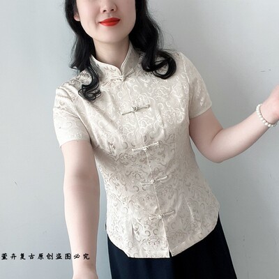 萱卉原创中式国潮经典对襟短袖旗袍上衣修身显瘦国风妈妈上衣很美