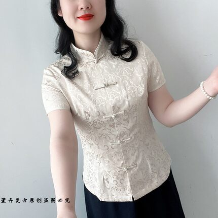 萱卉原创中式国潮经典对襟短袖旗袍上衣修身显瘦国风妈妈上衣很美