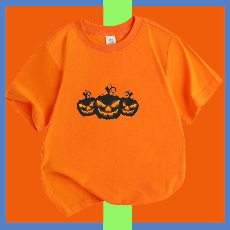 纯棉Halloween卡通万圣节前夜搞笑南瓜桔色短袖T恤成人衣服儿童装