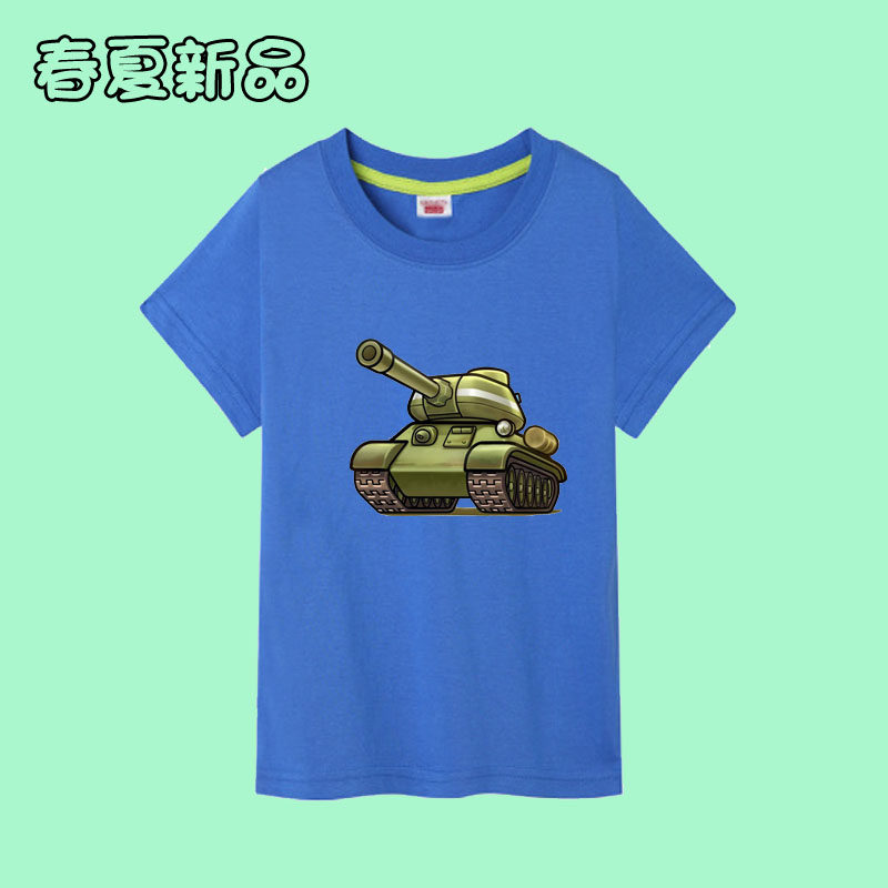 大炮坦克图案儿童装蓝色短袖T恤男孩纯棉青少年中大童上衣服567岁