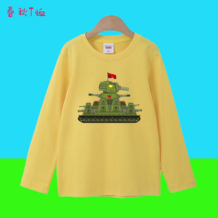 卡通坦克图案儿童装春长袖T恤男孩纯棉青少年中大童上衣服34567岁