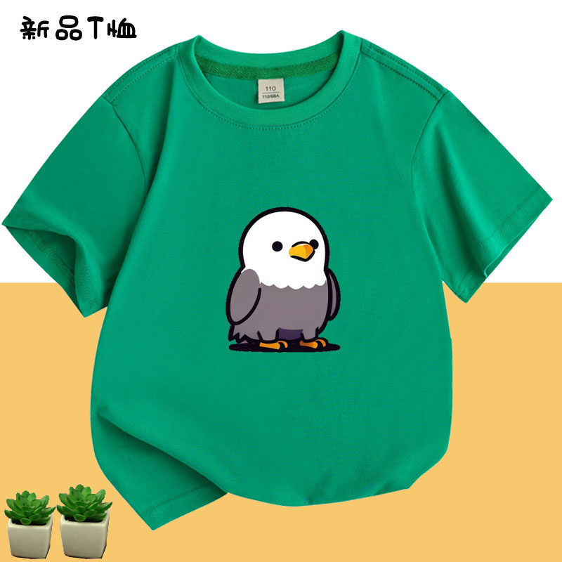 小鸟卡通纯棉绿色短袖夏季亲子装学生活动衣服儿童装动物休闲T恤