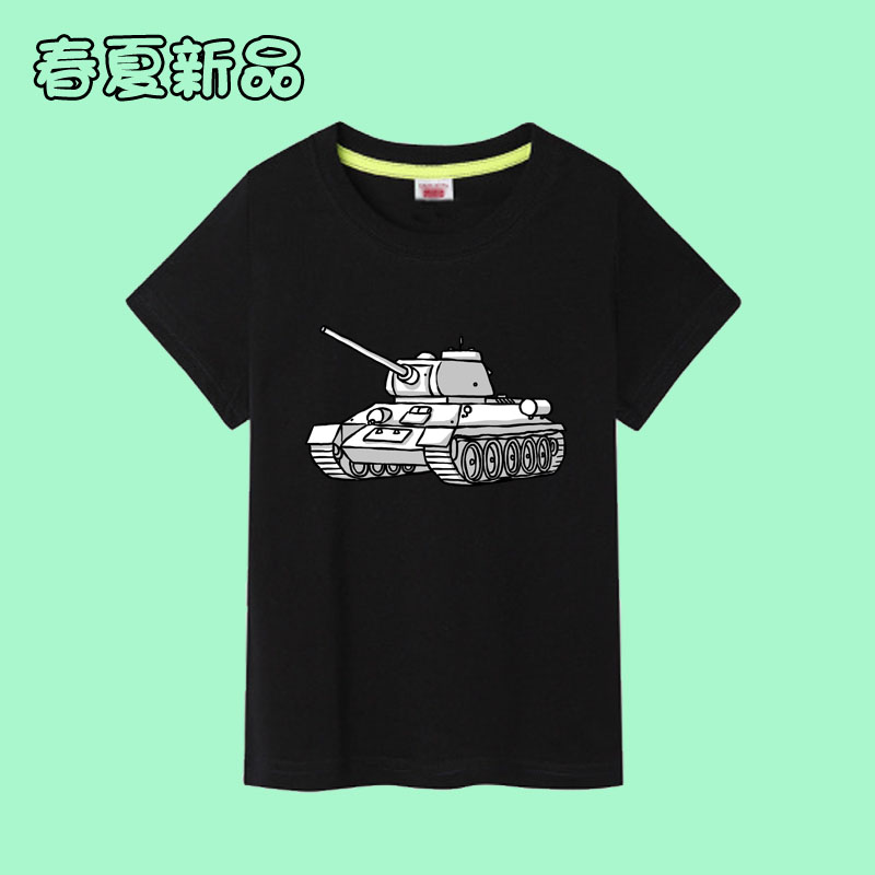 卡通坦克图案儿童装白短袖T恤男孩纯棉青少年中大童上衣服56789岁