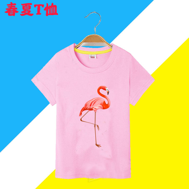 纯棉卡通可爱漂亮美丽鸟类红鹳红鹤火烈鸟粉色短袖T恤衣服儿童装