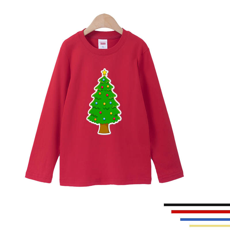 圣诞树 红色中大女童装纯棉薄款圆领套头卡通吸汗透气春秋长袖T恤