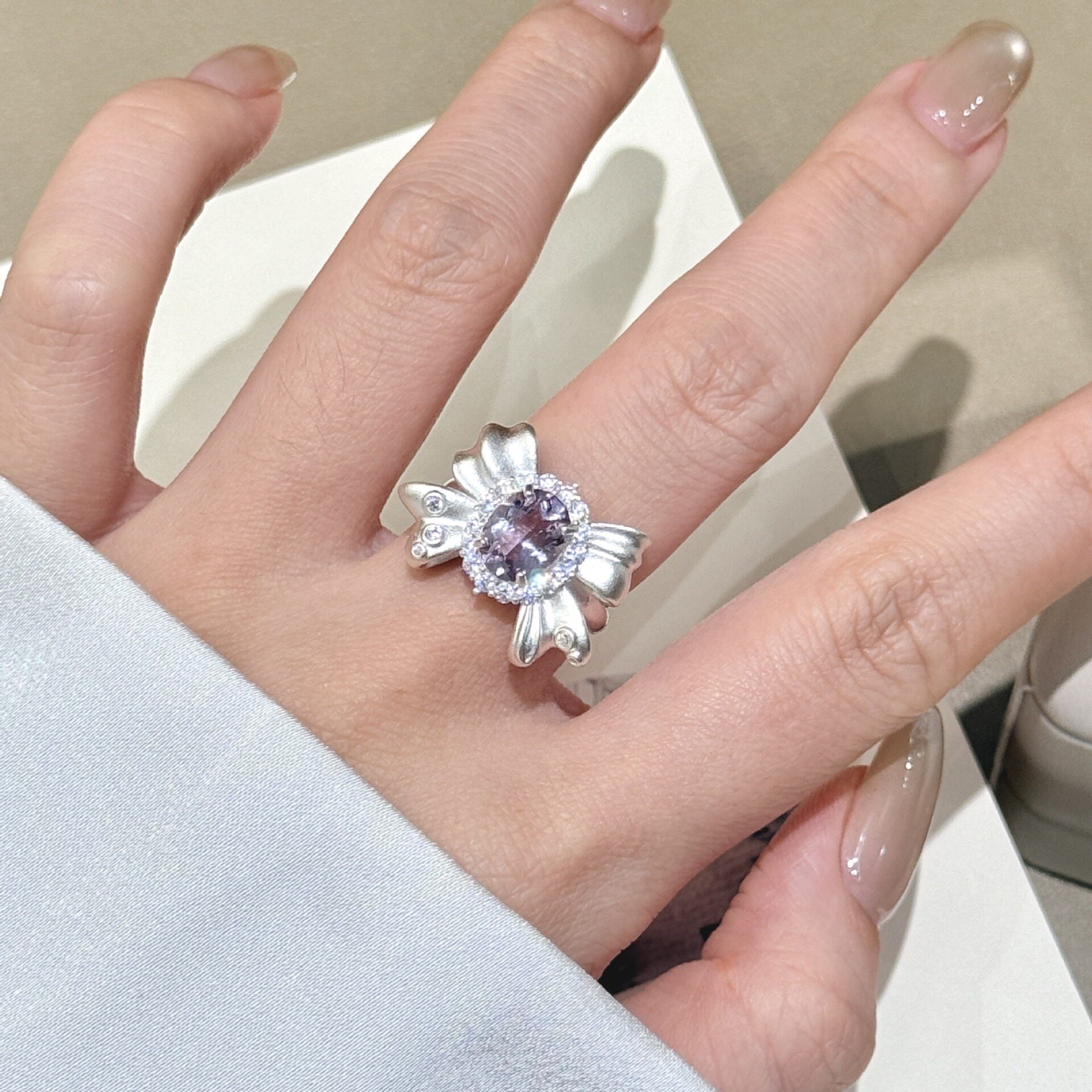 s925纯银天然紫水晶满镶闪钻鸽子蛋蝴蝶结戒指轻复古夸张少女指环