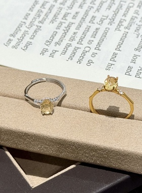 s925纯银天然黄水晶烟花切戒指女小众设计可调节