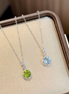 s925纯银烟花切天然橄榄石托帕石双钻项链女小众ins风简约锁骨链