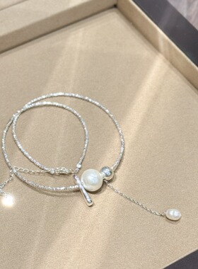 2026新款s925纯银碎银天然珍珠流苏银条棉花珍珠项链女小众锁骨链