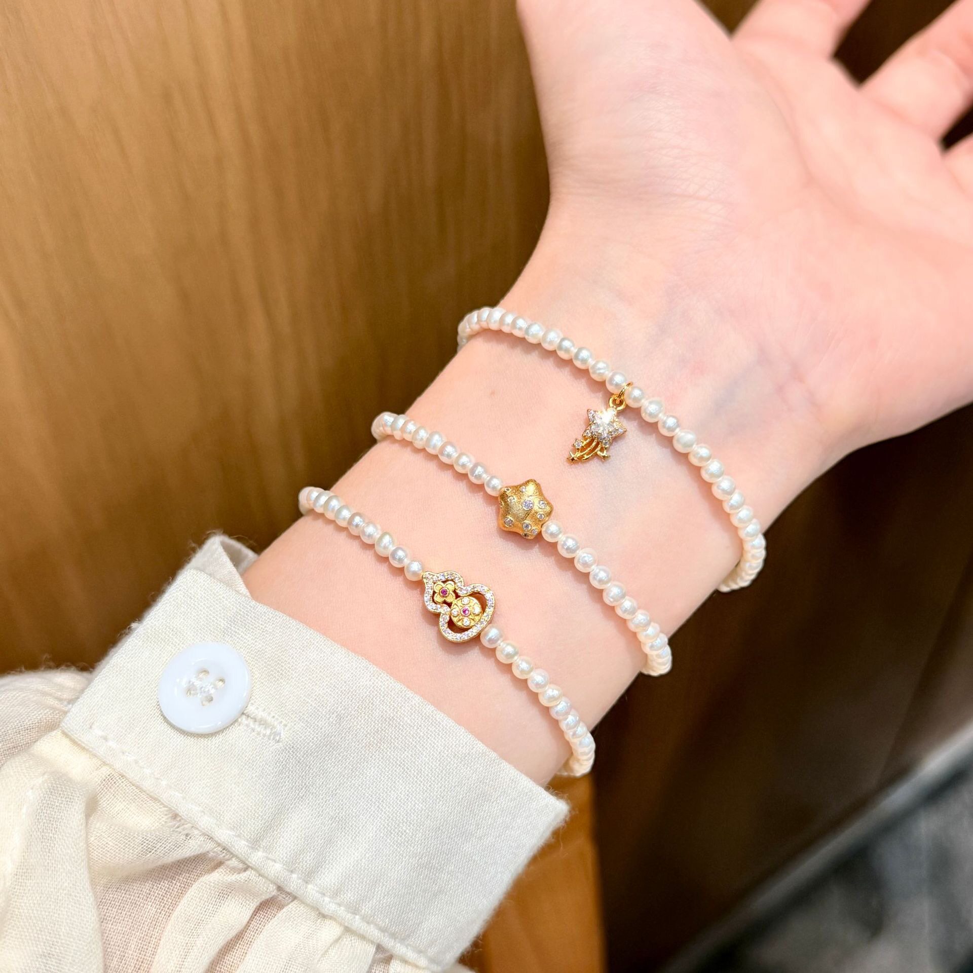 s925纯银天然淡水珍珠手链闪钻星星流苏葫芦女小众设计感百搭手饰