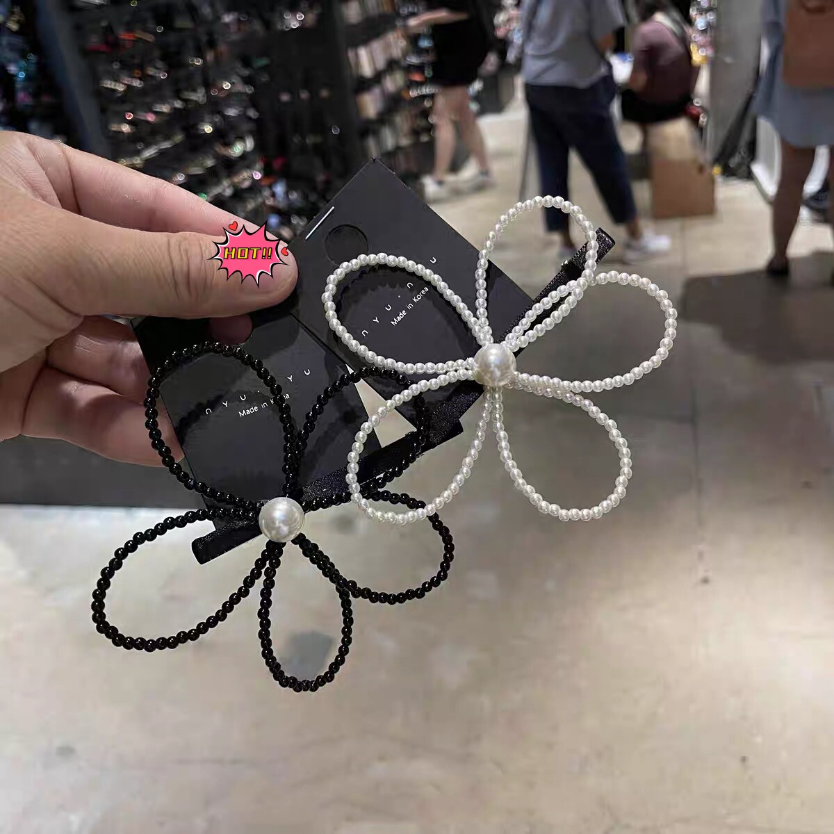 韩国东大门进口代购NYU.NYU发饰珍珠串珠侧边夹花朵刘海夹鸭嘴夹