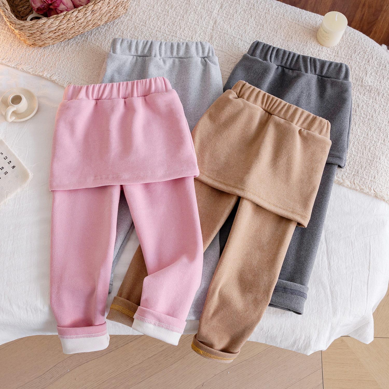 25新款女童纯色双面德绒磨毛假两件裤裙韩版时尚打底裤洋气包臀裙