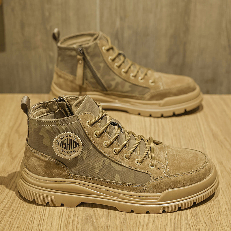 男鞋秋季高帮迷彩马丁靴男款户外休闲工装沙漠靴子真皮侧拉链短靴