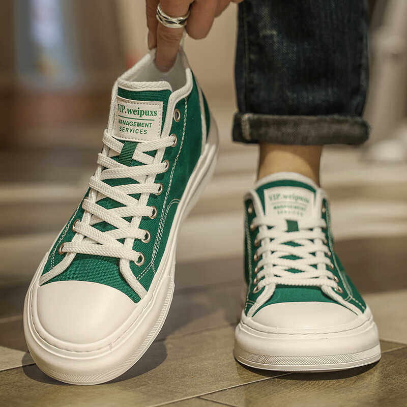 中帮男鞋夏季透气薄款高帮帆布鞋子国潮中邦板鞋绿色休闲男士布鞋