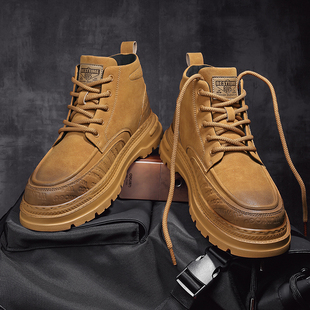 秋冬鞋子男鞋中帮马丁靴男款软底增高短靴男士高帮工装靴复古英伦