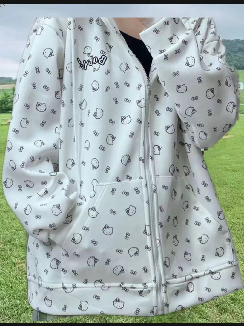 美式复古印猫头连帽开衫卫衣女2024年秋季新款休闲慵懒风刺绣外套
