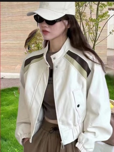 2023秋冬新款韩版pu皮衣外套宽松显瘦立领bf风拼接撞色机车夹克女