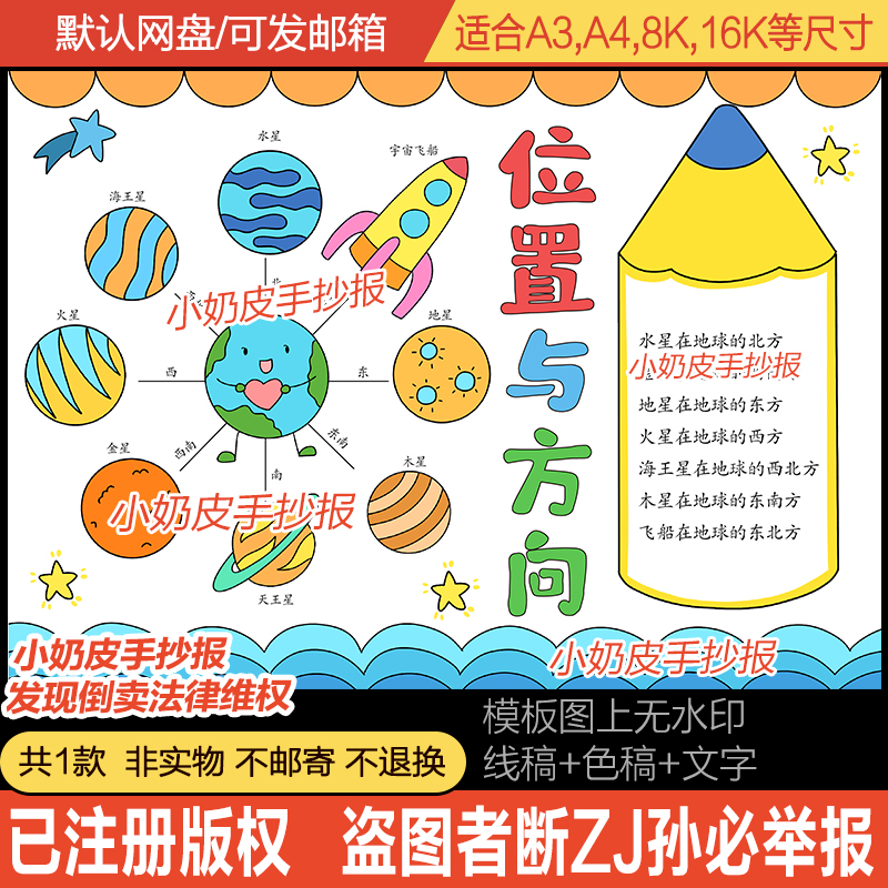 位置与方向手抄报模板电子版数学小报电子版黑白线稿半成品轮廓线