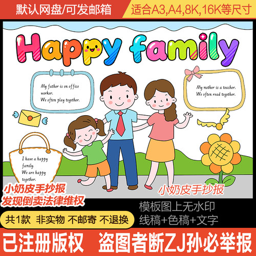 快乐家庭happy family英语手抄报海报一家三口我的家人儿童画报