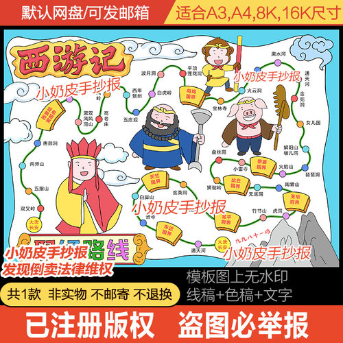 四大名著西游记取经路线图手抄报小报模板电子版半成品黑线稿填色