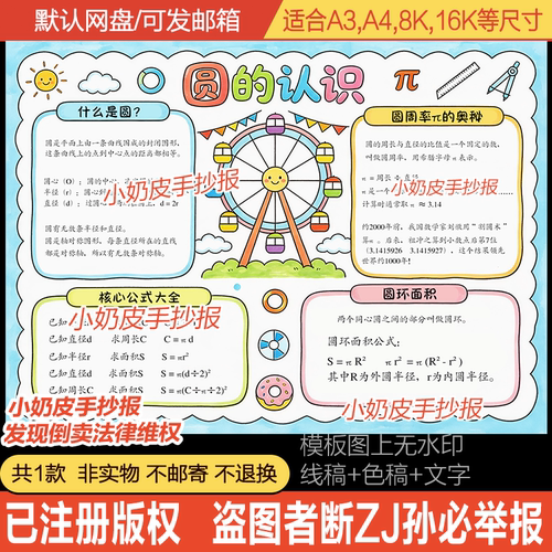 圆的认识手抄报六年级数学上第5单元小报模板线电子版黑白线稿