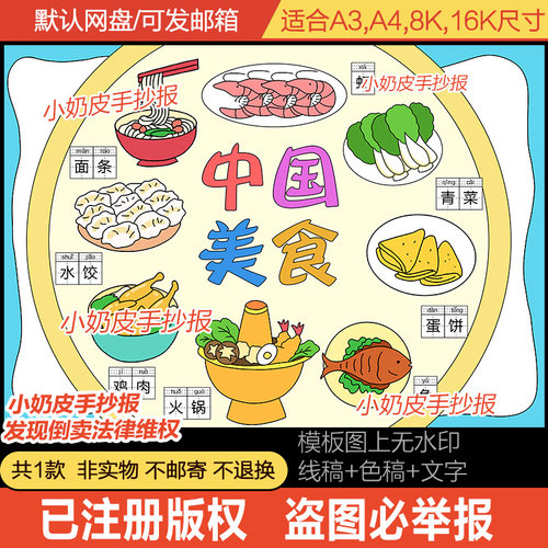 中国美食绘画儿童画简笔画手抄报模板填色涂色黑白线稿素材电子版