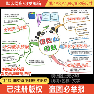 数学倍数和因数思维导图手抄报模板五年级下册小报电子版黑白线稿