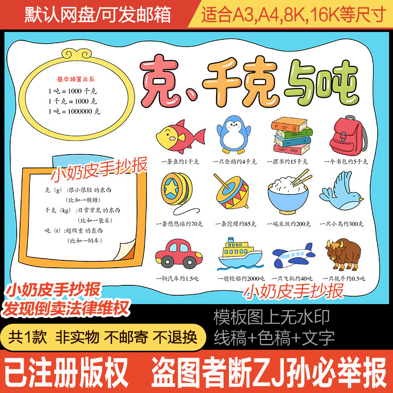 克千克与吨手抄报模板生活中的数学 单位换算小报半成品电子版线,商务/设计服务,设计素材/源文件,淘宝优惠券,粉丝福利购,淘宝优惠卷