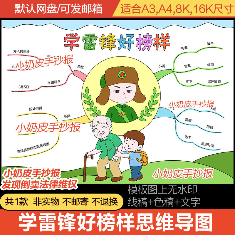 红领巾学雷锋好榜样思维导图模板半成品纪念日爱国精神线稿填色
