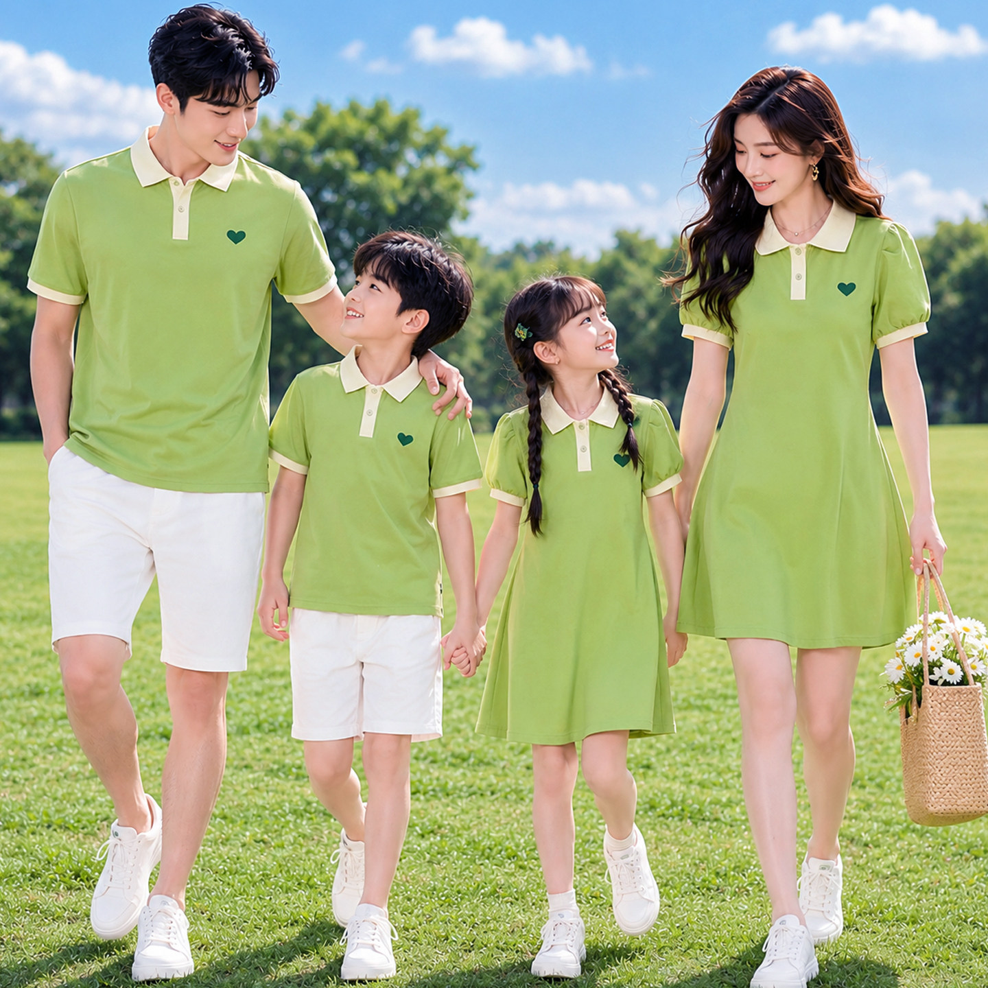 亲子装夏季polo衫T恤潮 一家四口家庭套装母女连衣裙学校活动班服