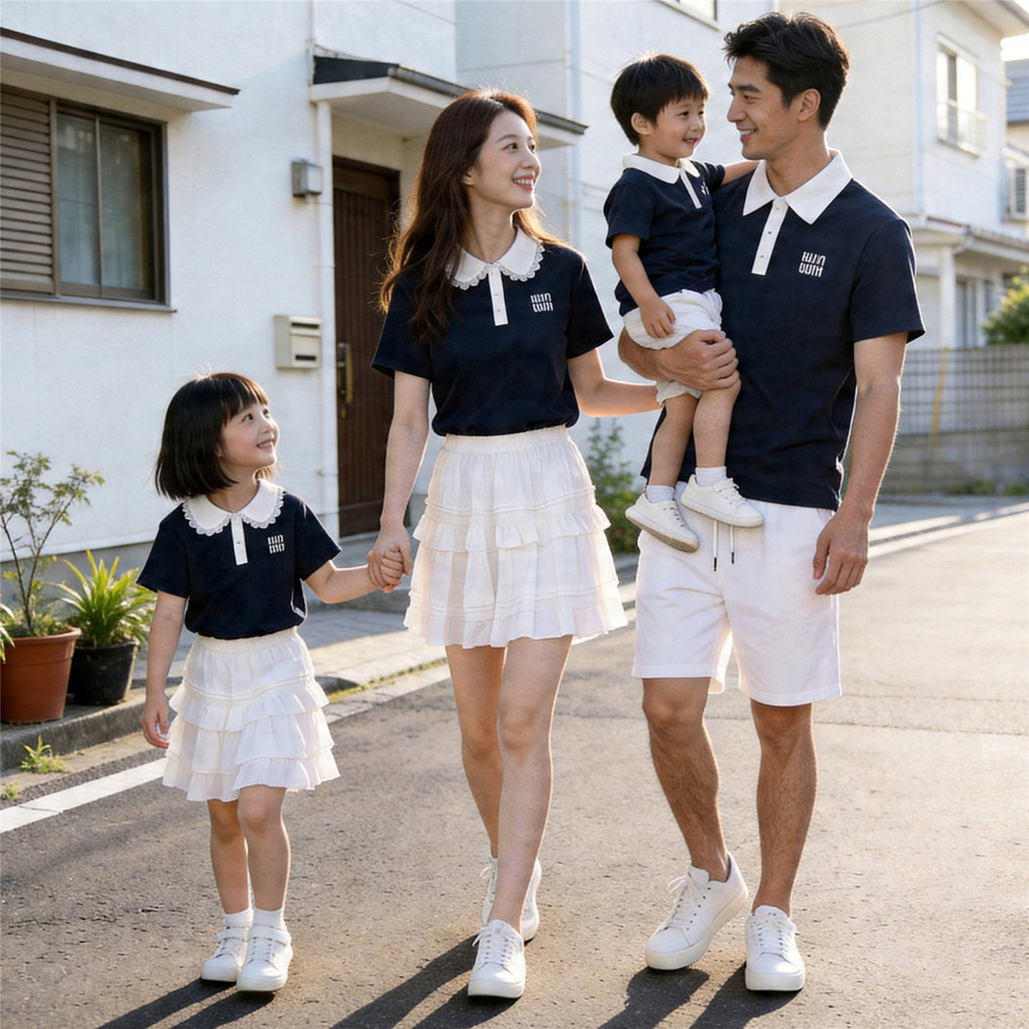 亲子装夏季一家三口全家装撞色polo衫潮高端四口家庭套装度假游玩