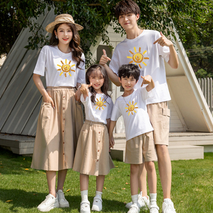 亲子装夏装一家三口全家装潮 2025新款四口全棉t恤母女半身长裙夏