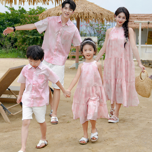 亲子装夏季全家装海边沙滩装一家三四口家庭套装母女无袖连衣裙夏