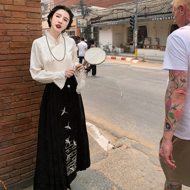 渔小平长裙百褶裙新中式半身裙