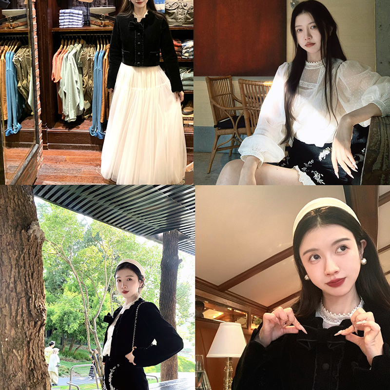 渔小平 黑金派对 平绒刺绣外套短裤套装女秋装搭配一整套时髦洋气