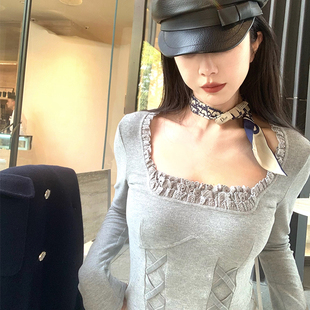 渔小平 溺爱 小方领蕾丝花边上衣磨毛弹力打底衫2024秋冬内搭T恤