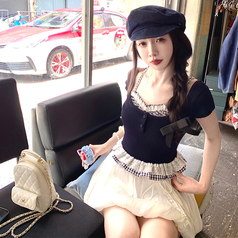 渔小平 蔓越莓 假两件拼接小上衣女夏荷叶边小众冰麻针织短袖T恤