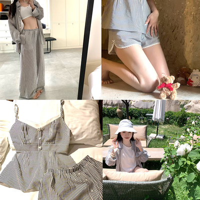 渔小平 夏夜的梦 舒舒服服条纹家居服四件套2025夏季睡衣可外穿女
