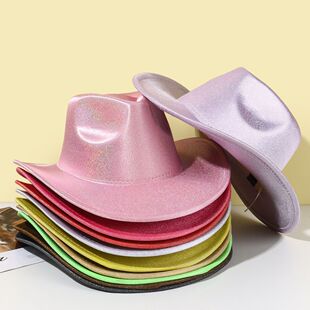 新款时尚百搭礼帽男女士纯色爵士帽表演镭射毡帽遮阳帽西部牛仔帽