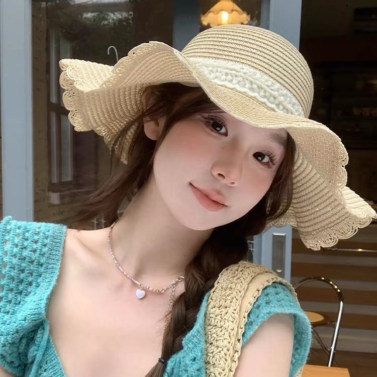 网红波浪边遮阳帽子女春夏季时尚百搭旅行草帽海边度假防晒太阳帽