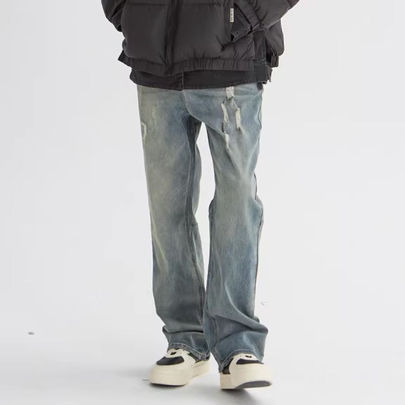 新因素美式高街复古牛仔裤男女水洗做旧破坏黄泥染弹力阔腿直筒裤