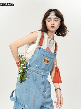 mostwantedlab国潮水洗汉堡刺绣手工泼墨情侣牛仔背带长裤 MWTD