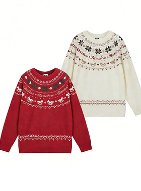 BONELESS费尔岛提花圆领套头毛衣宽松弹力情侣新年红色保暖针织衫