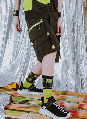 FLAM拉链魔术贴口袋五分裤复古街头运动短裤嘻哈街舞潮牌工装裤