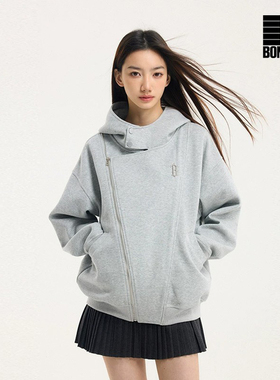 BONELESS秋季2025新款机车连帽拉链开衫卫衣铁标logo宽松潮牌外套