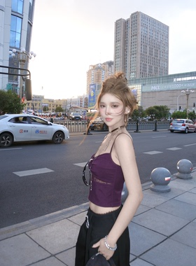 CAFE ROSE 紫色网纱镂空吊带背心女夏季新款修身显瘦百搭美背上衣