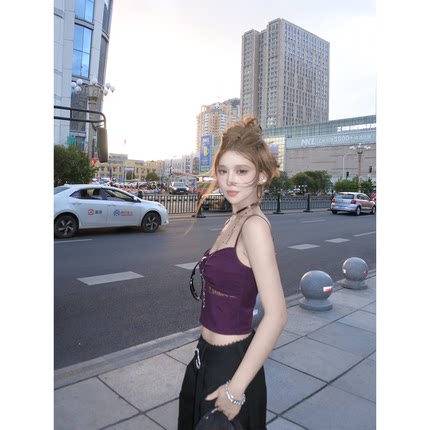 CAFE ROSE 紫色网纱镂空吊带背心女夏季新款修身显瘦百搭美背上衣
