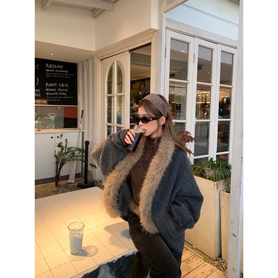 CAFE ROSE 美式复古斗篷式毛领羊毛短外套女冬装新款宽松蝙蝠袖潮